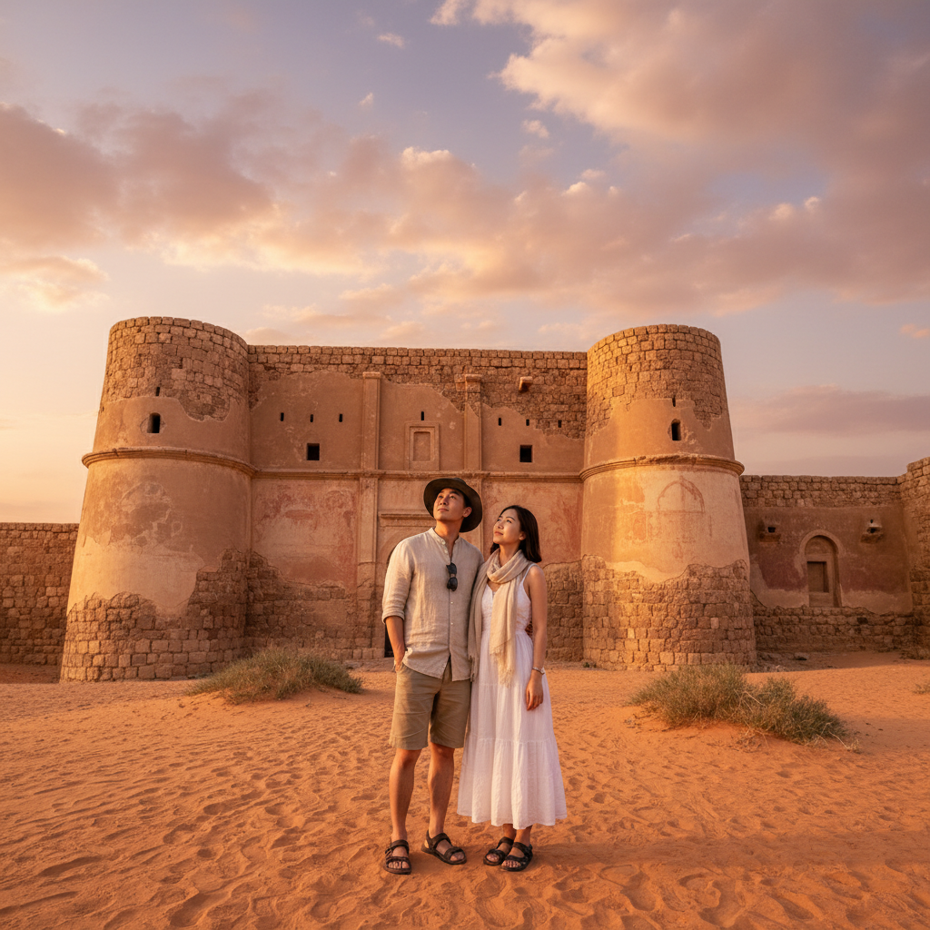 사막 유적지를 관람하는 한국인 여행객