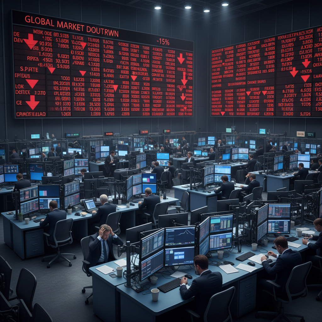 붉은 지수로 뒤덮인 뉴욕 증시 전광판과 투자자들의 긴장감