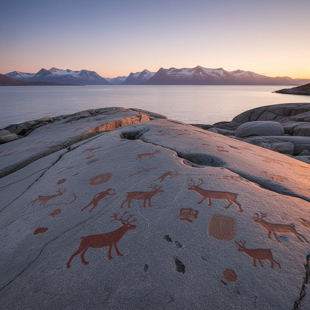 A wide landscape shot of the Alta rock art site in Norway during a soft sunset. Ancient red ochre petroglyphs of reindeer and hunters are visible on flat grey coastal rocks. In the background, the calm blue waters of the Altafjord and snowy mountains under a pastel sky create a serene atmosphere. High quality photography, natural lighting. 4:3