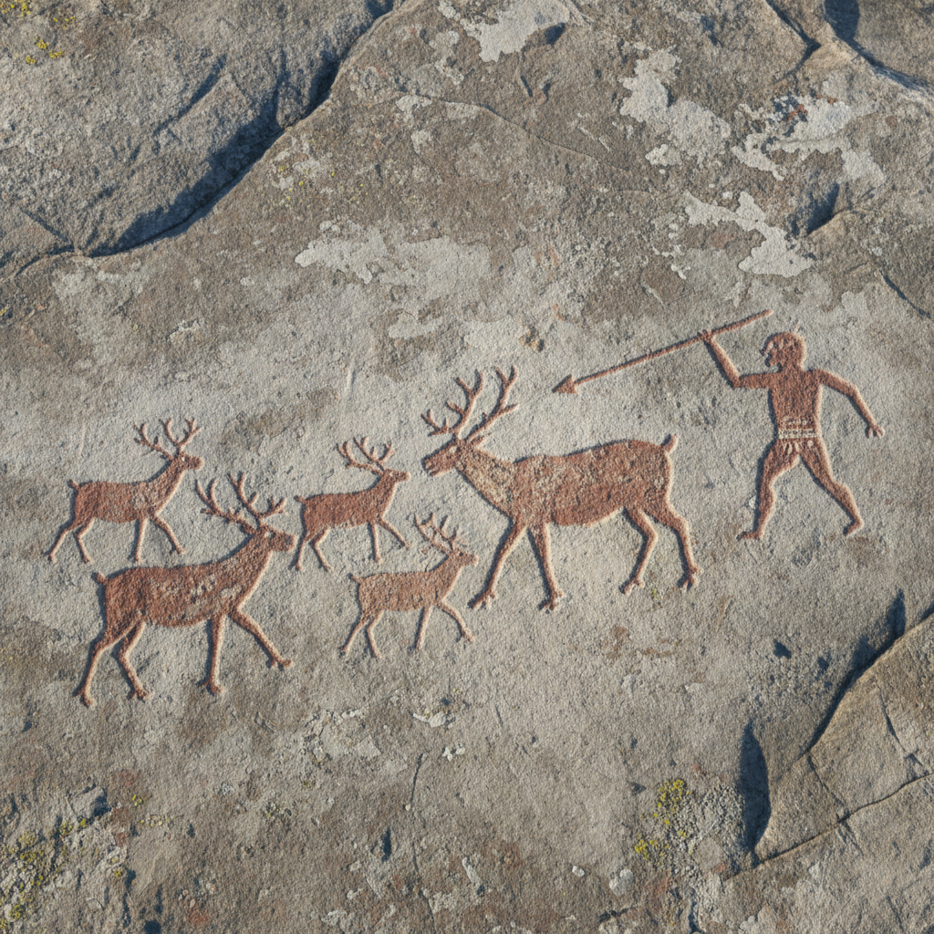 바위에 새겨진 순록과 사냥꾼의 역동적인 모습