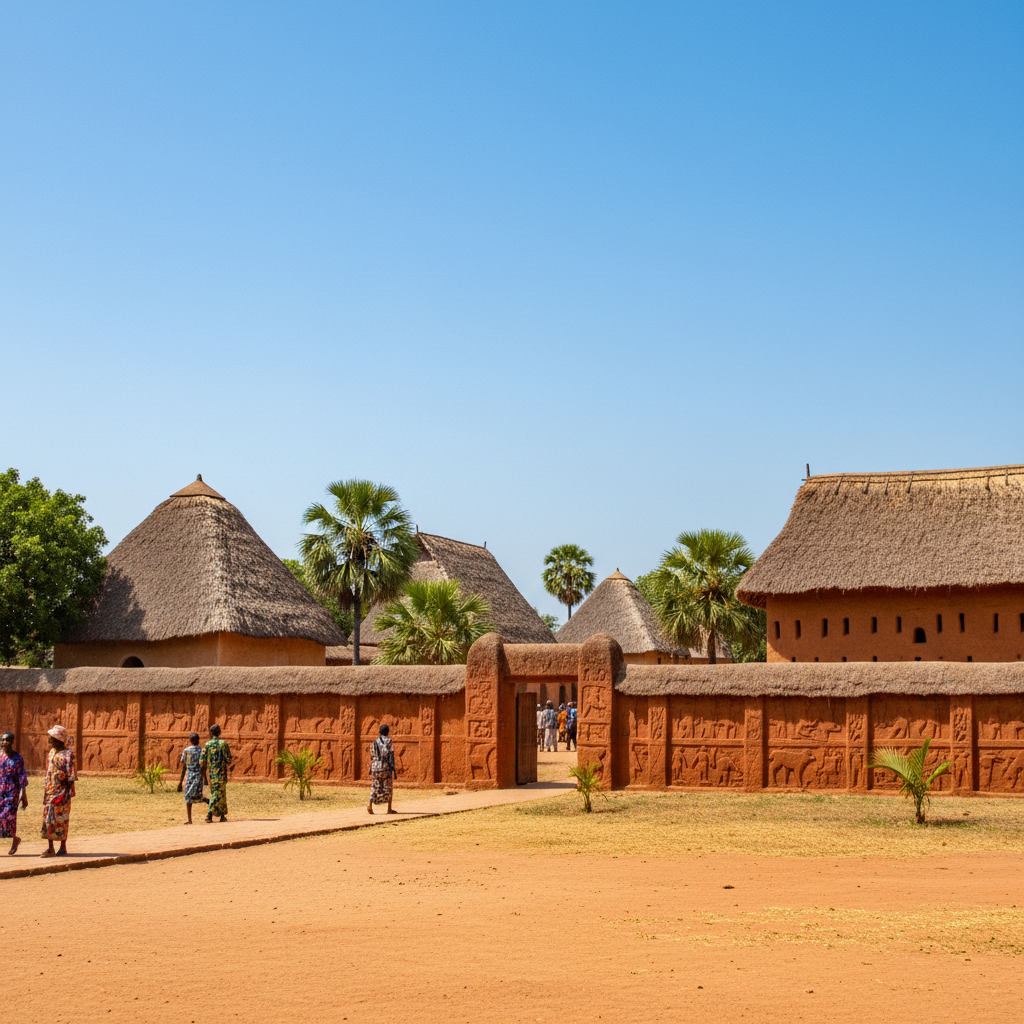 A wide-angle view of the Royal Palaces of Abomey in Benin featuring traditional red earthen walls and thatched roofs under a bright clear sky in West Africa. The architecture shows historical Dahomey Kingdom style with a textured clay finish. 4:3