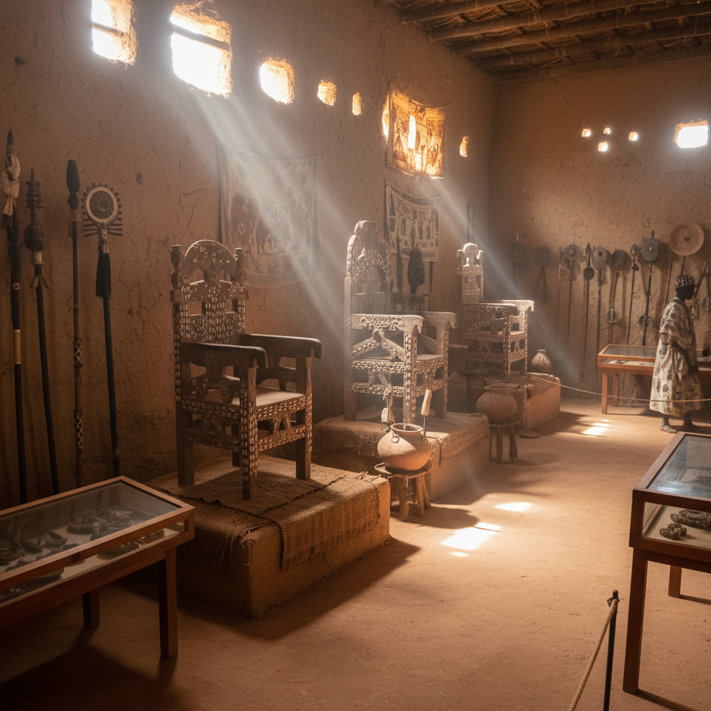 아보메 왕궁 내부 박물관에 전시된 왕실 유물과 옥좌