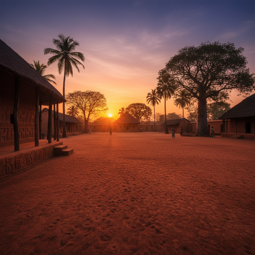 해 질 녘 아보메 왕궁의 평화로운 풍경과 긴 그림자