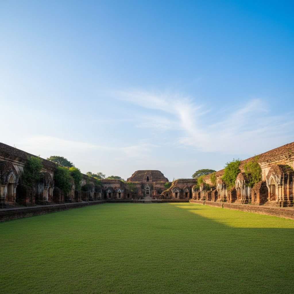 푸른 잔디와 붉은 벽돌이 조화를 이룬 사원 내부 중정
