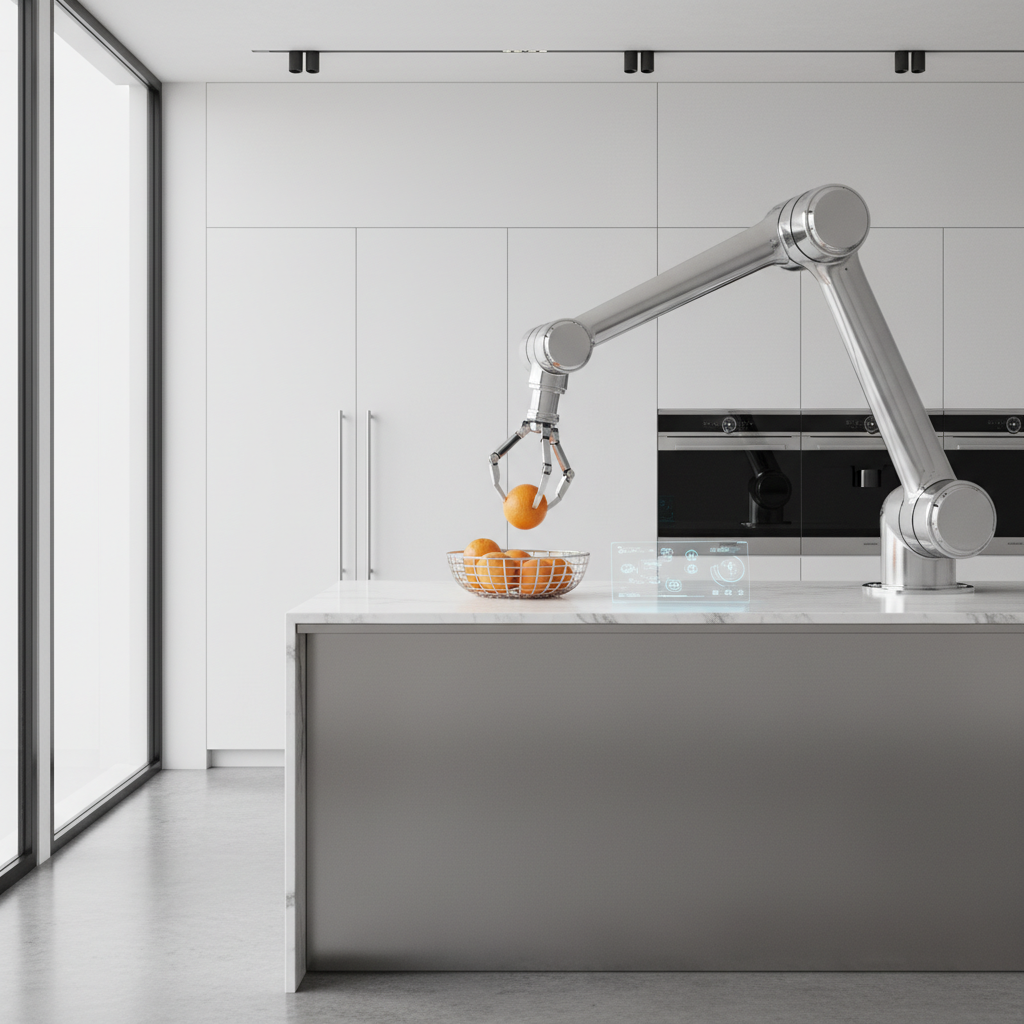 A futuristic robotic arm with pincers picking up oranges and placing them in a basket in a modern clean kitchen environment, high quality photography, soft natural lighting, 4:3