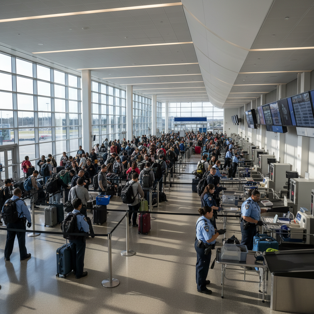 Realistic wide shot of a busy US airport security checkpoint with many travelers lining up and TSA officers in uniform, natural morning light through large windows, modern airport architecture, 4:3