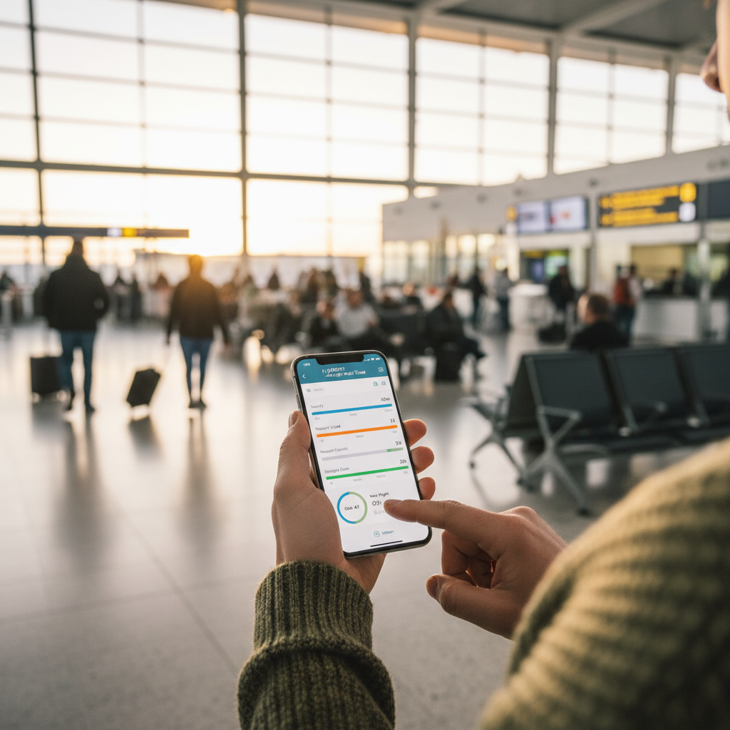 스마트폰으로 공항 대기 시간을 확인하는 여행객