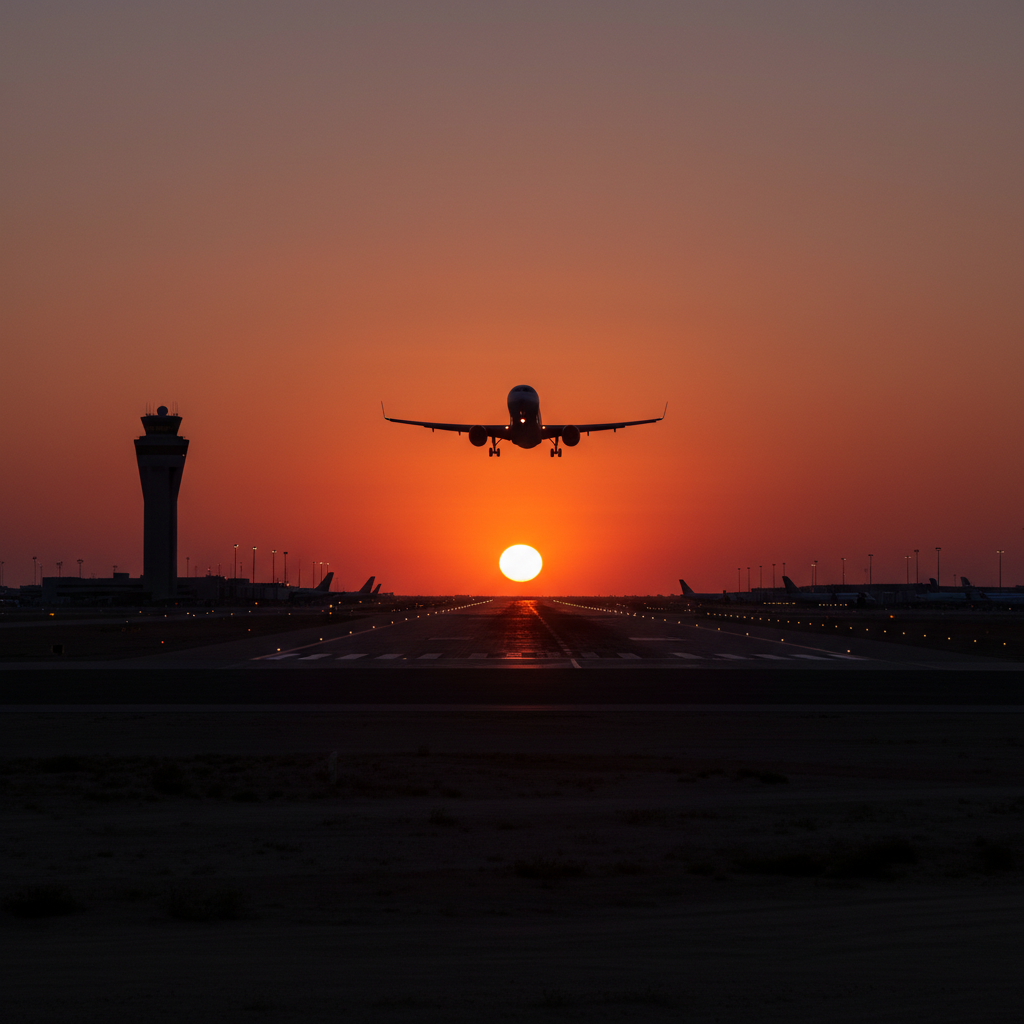 일몰 무렵 공항 활주로를 이륙하는 비행기
