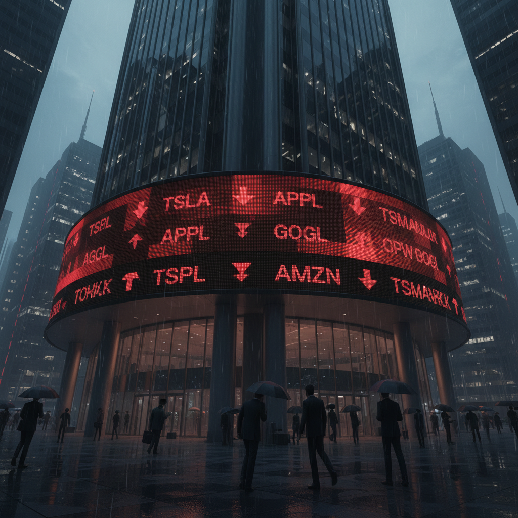 A cinematic low-angle shot of a digital stock market ticker display in a modern financial district showing multiple red downward arrows and stock symbols, professional photography, high contrast, 4:3