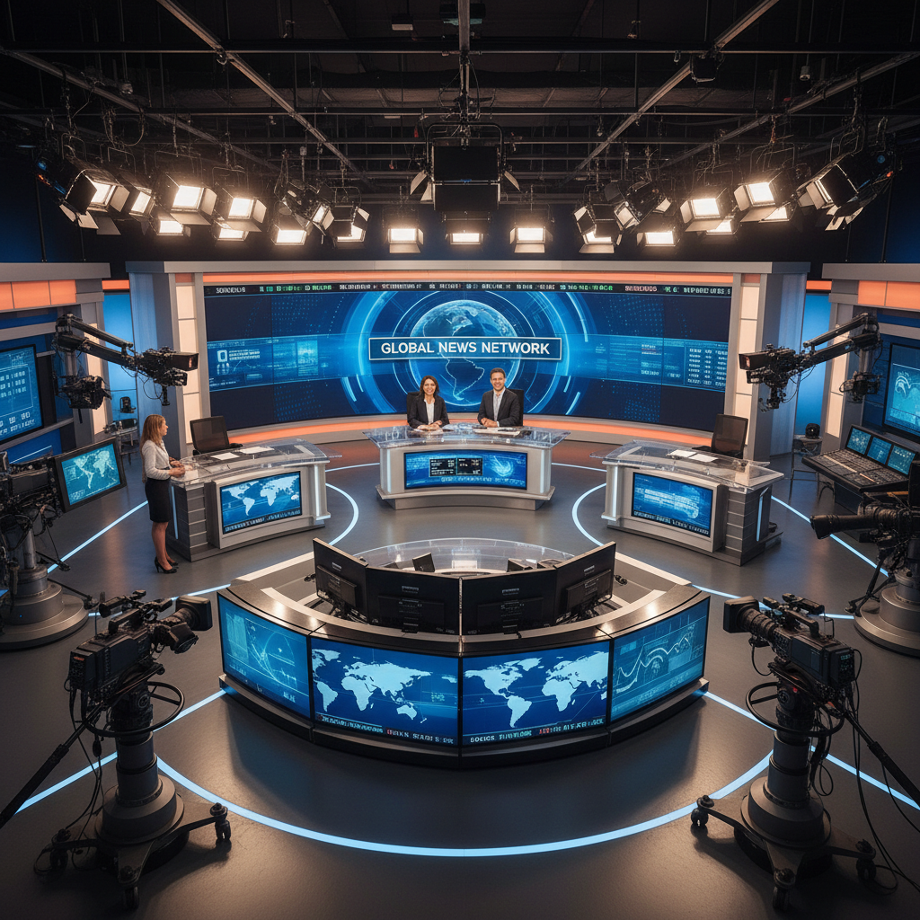 뉴스 스튜디오의 전문적인 방송 장비