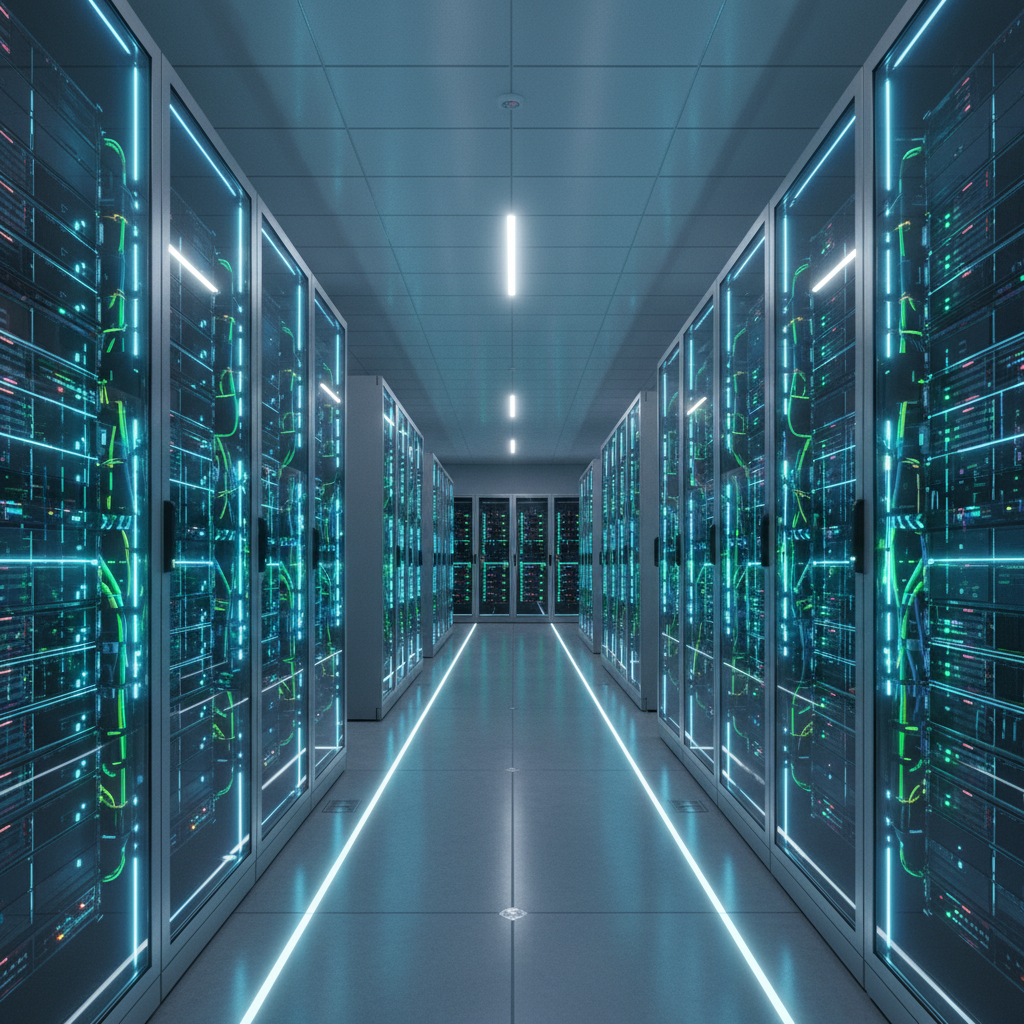 첨단 데이터 센터 내부의 서버 랙