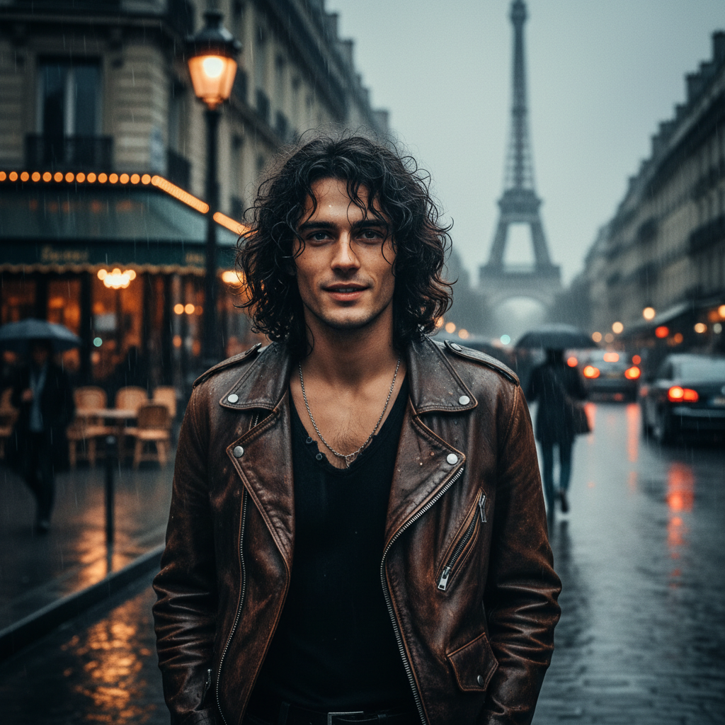 A cinematic portrait of a young charismatic man with long curly hair wearing a leather jacket, walking through a rainy street in 1970s Paris, vintage film aesthetic, moody lighting, artistic atmosphere. 4:3
