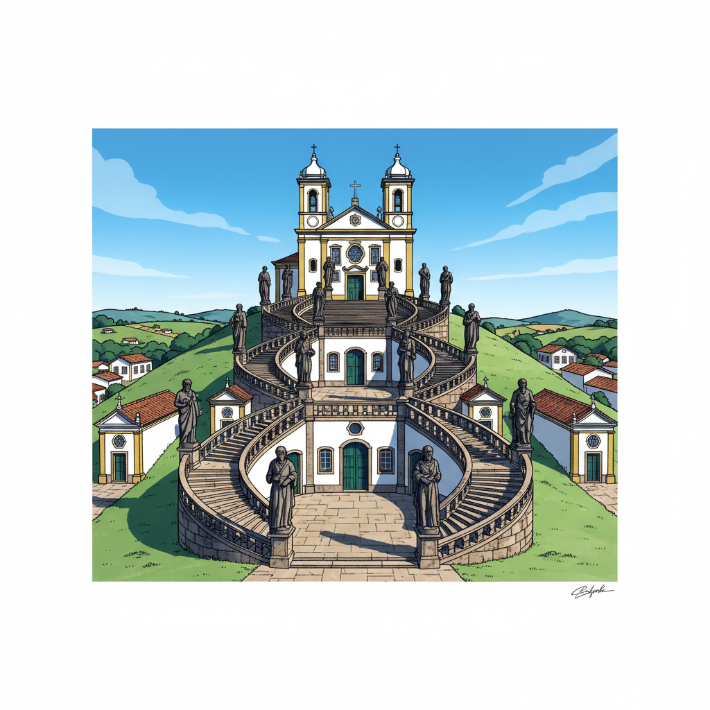 A wide architectural shot of the Sanctuary of Bom Jesus do Congonhas in Brazil, featuring the white church on a hill with a grand staircase and soapstone statues under a clear blue sky, artistic rendering, high contrast, 4:3