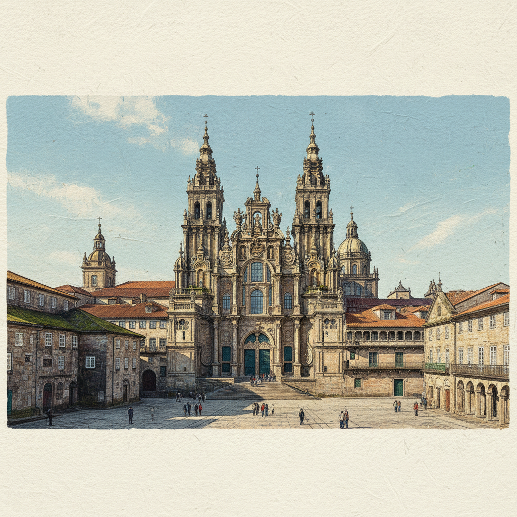 A panoramic view of the Santiago de Compostela Cathedral and the surrounding old town in Spain. The historic granite buildings feature Romanesque and Baroque architecture. The sky is soft blue with light clouds, and the atmosphere is majestic and historical. High contrast, high detail, artistic rendering style. 4:3