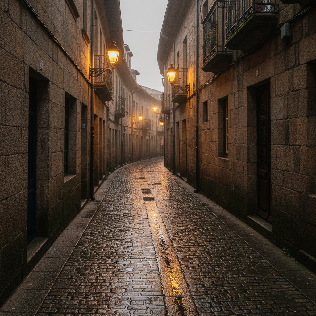 비 내린 뒤 고즈넉한 산티아고 구시가지 골목