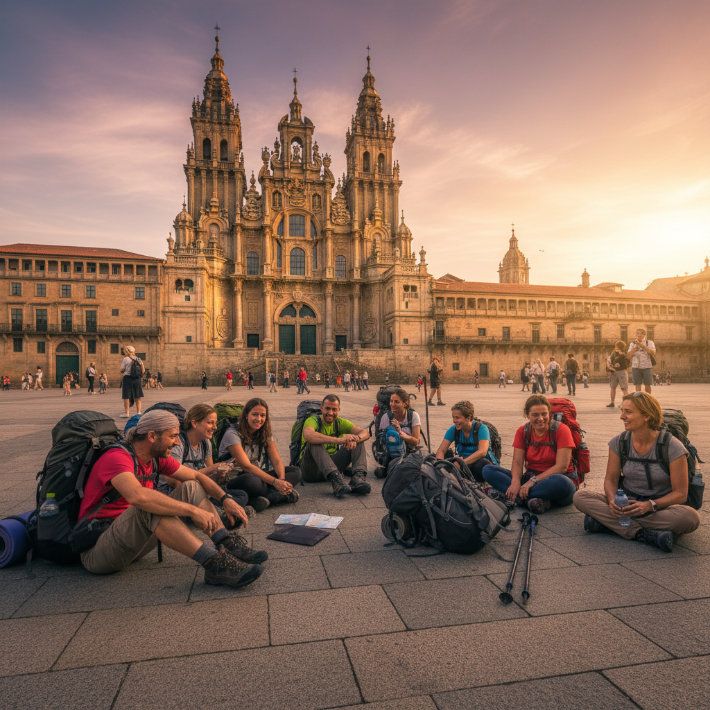오브라도이로 광장에서 휴식을 취하는 순례자들