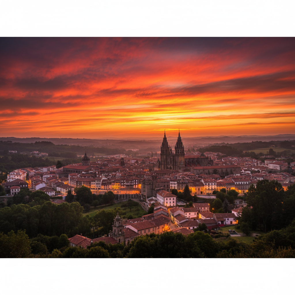 석양 아래 황금빛으로 빛나는 산티아고 도시 전경