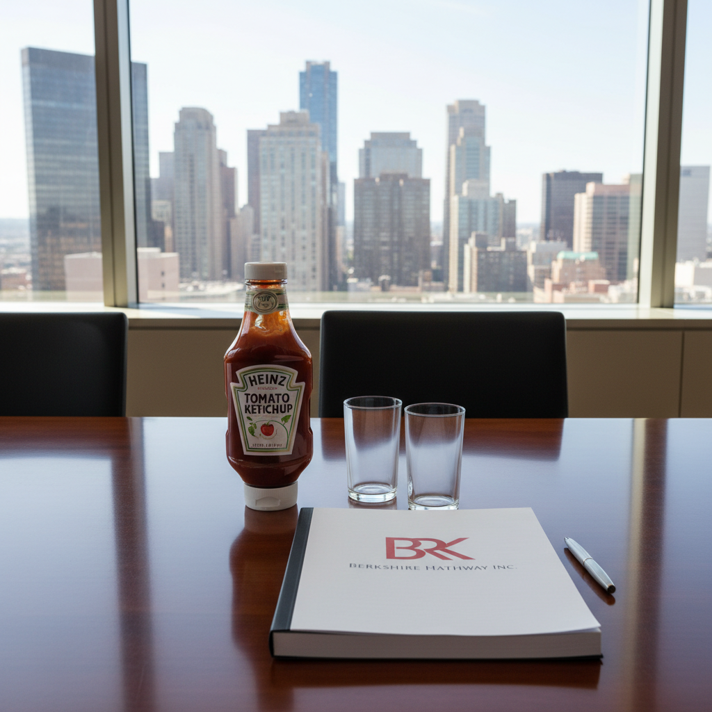 A professional business office setting with a glass window overlooking a city skyline. On a wooden table, there are two distinct branded items: a classic glass bottle of Heinz ketchup and a corporate document with the Berkshire Hathaway logo. The lighting is bright and modern, representing a successful corporate alliance. No text on the image. 4:3