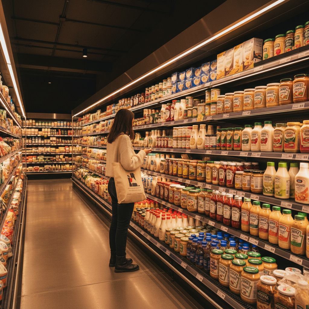 현대적인 식품 유통 매장과 소비자
