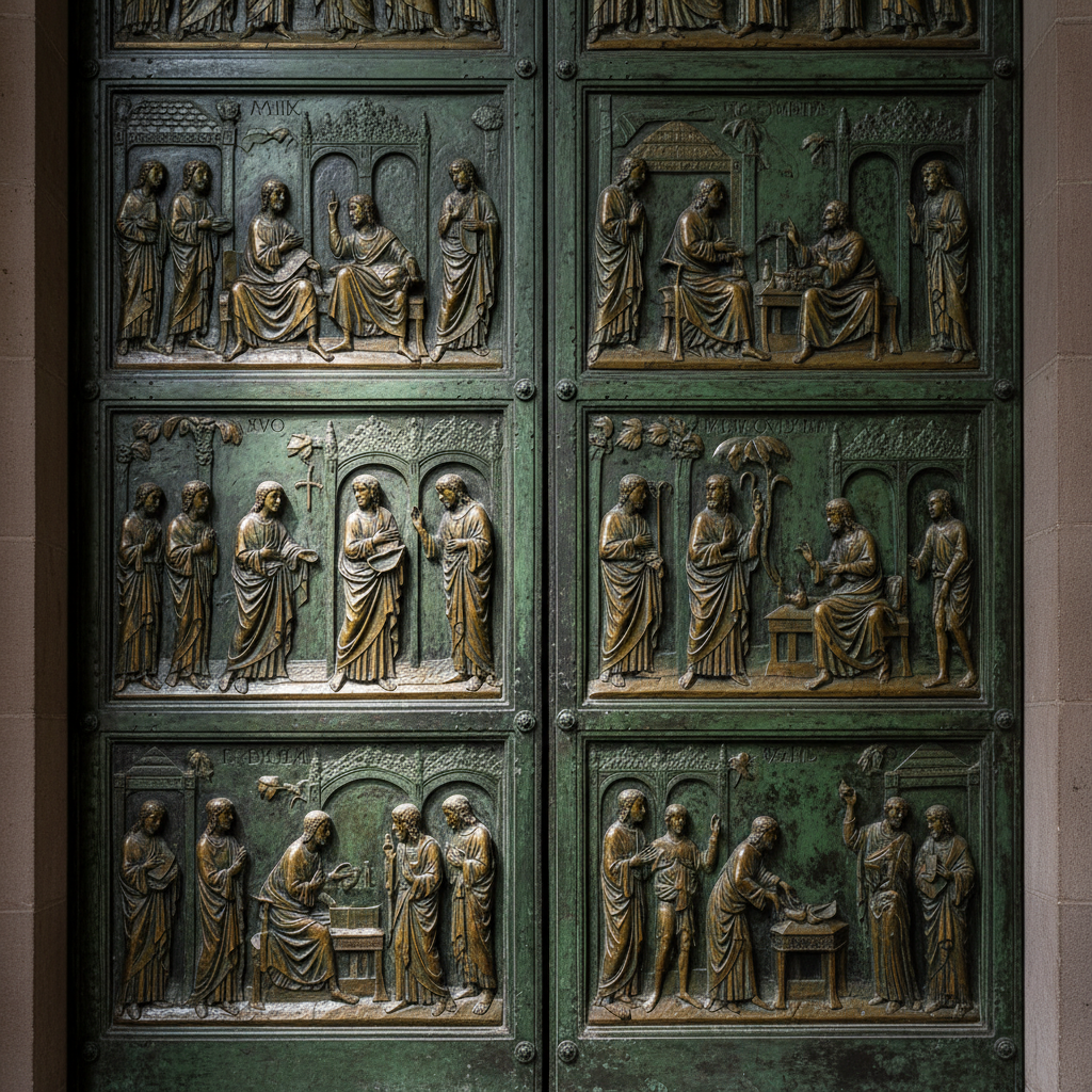 정교한 성경 이야기가 새겨진 베른바르트 청동 문