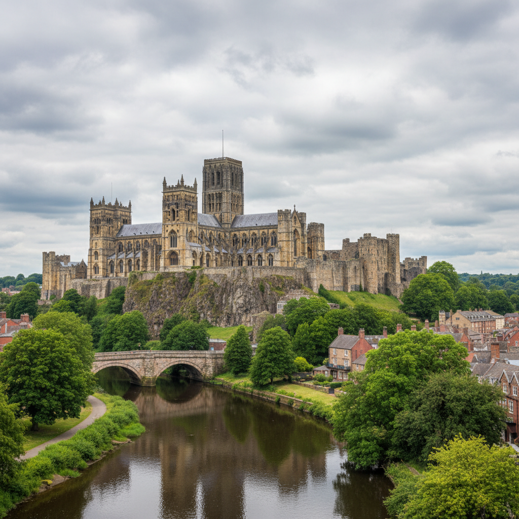언덕 위 웅장한 더럼 대성당 전경