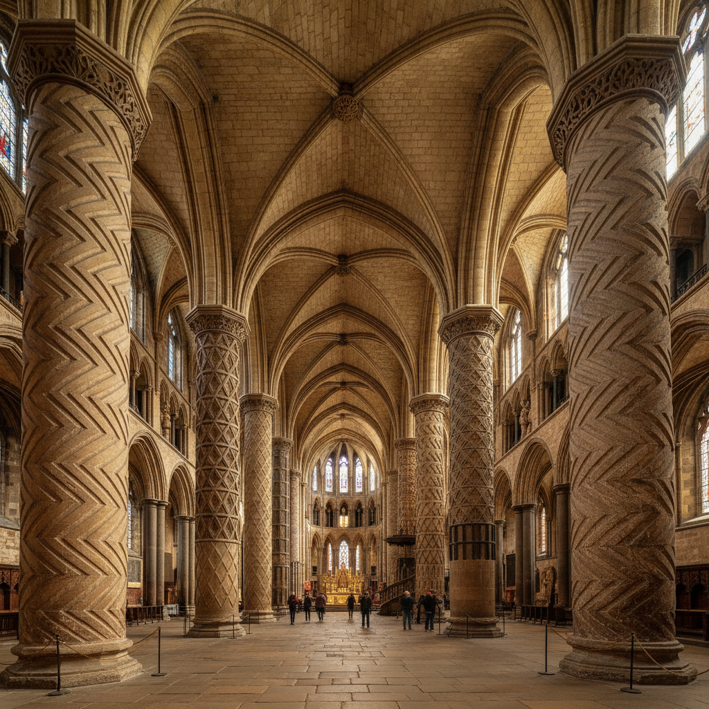 더럼 대성당 내부의 거대한 석조 기둥