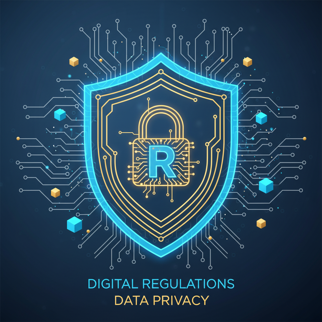 디지털 규제와 데이터 보안을 상징하는 추상적인 그래픽