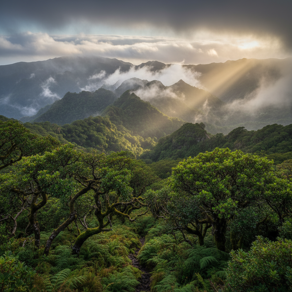 A panoramic view of Garajonay National Park in La Gomera, lush green mountains covered in thick white mist, ancient laurel forest, cinematic lighting, realistic nature photography, 4:3