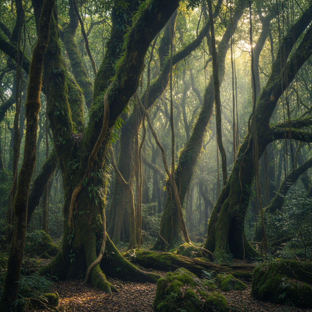 이끼와 덩굴이 가득한 고대 월계수 숲의 나무들