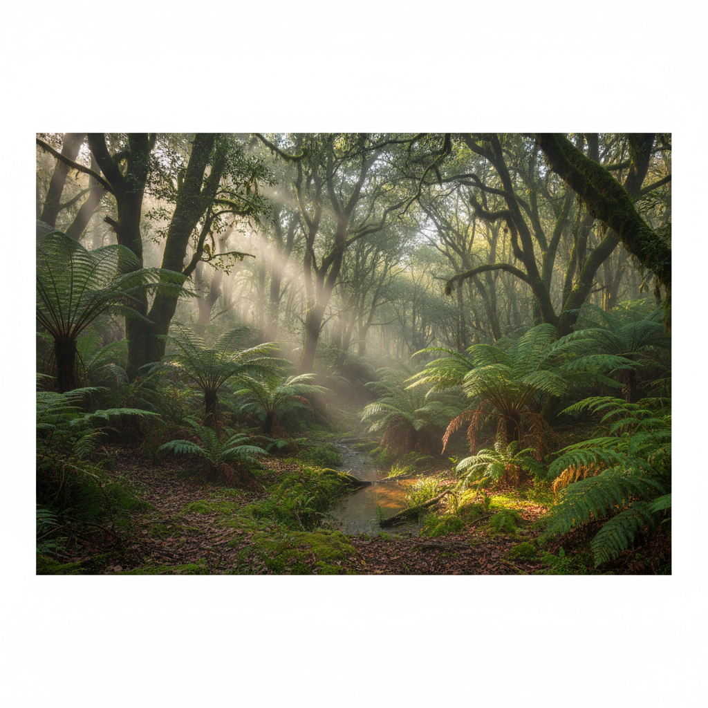 햇살이 비치는 신비로운 고대 숲의 공터