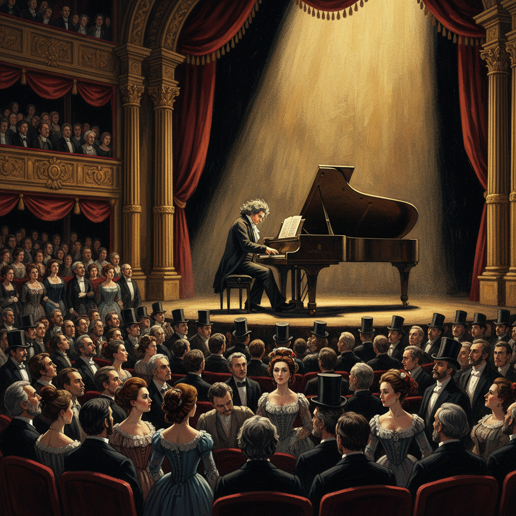 많은 청중 앞에서 열정적으로 피아노를 연주하는 베토벤