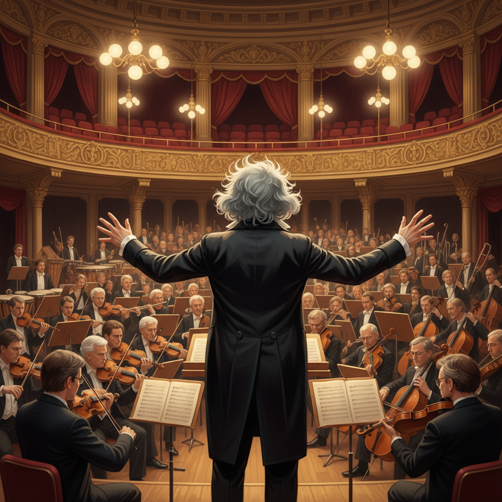 오케스트라를 자신감 있게 지휘하는 베토벤의 뒷모습