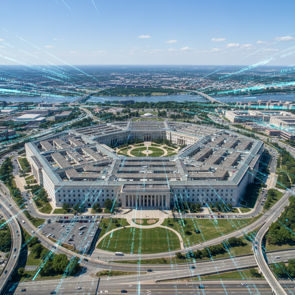 웅장한 펜타곤 건물과 디지털 네트워크 오버레이