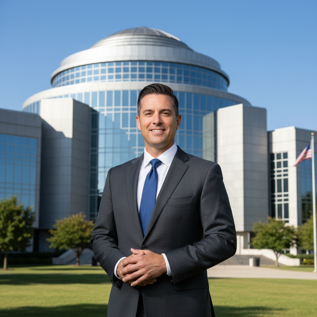 현대적인 의사당 건물 앞에서 대화하는 정치인