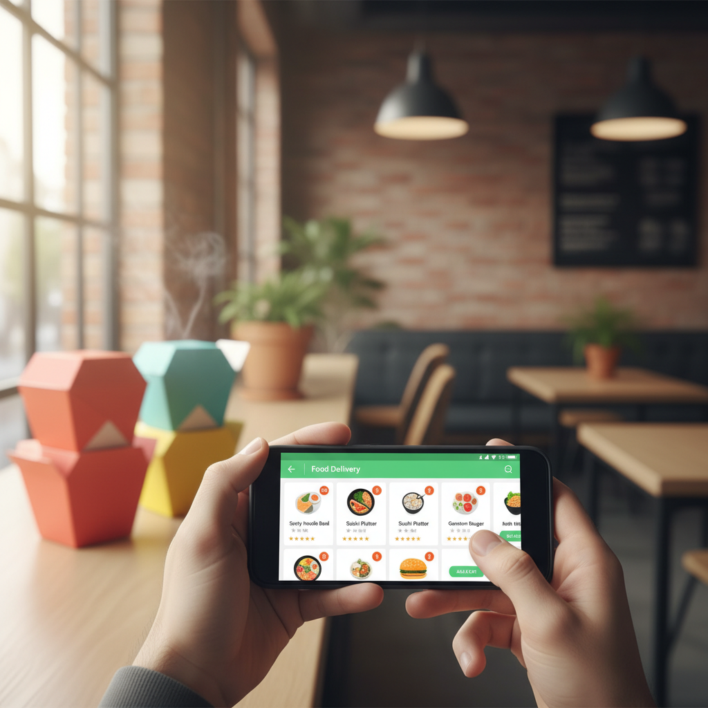 스마트폰 앱을 통한 음식 배달 서비스 이용 모습