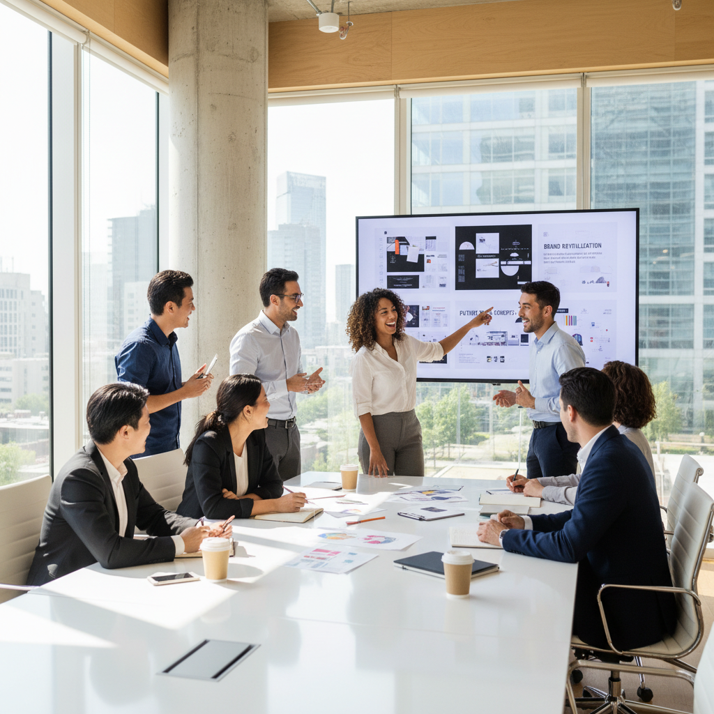 기술 혁신을 논의하는 사무실 회의 장면