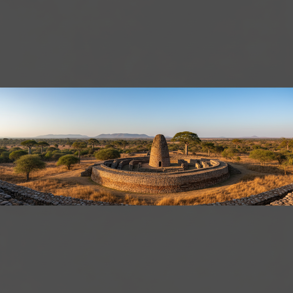 A panoramic wide shot of the Great Zimbabwe National Monument ruins under a clear blue sky. The massive dry stone walls and the conical tower are surrounded by African savanna landscape with scattered trees. Cinematic lighting, high detail, historical atmosphere, 4:3