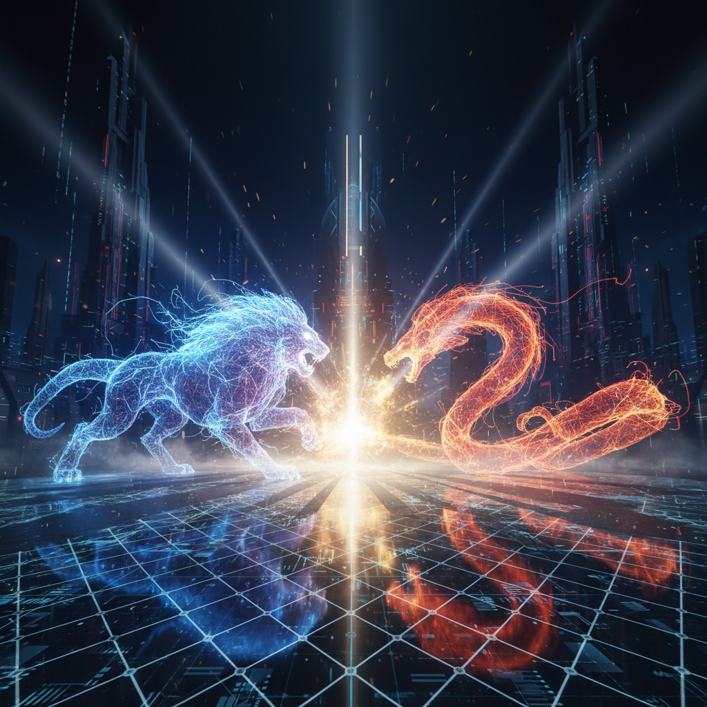 Two glowing neural networks clashing in a futuristic digital arena, high contrast, cinematic lighting, 4:3