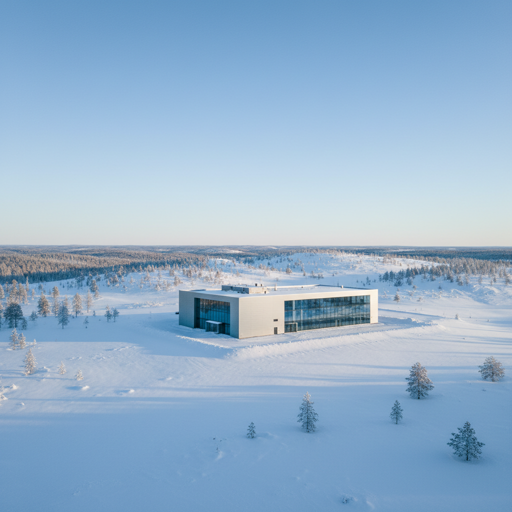 A modern and sleek silver data center building situated in a vast snowy Swedish landscape, minimalist architecture with glass elements, clear blue sky, natural lighting, 4:3