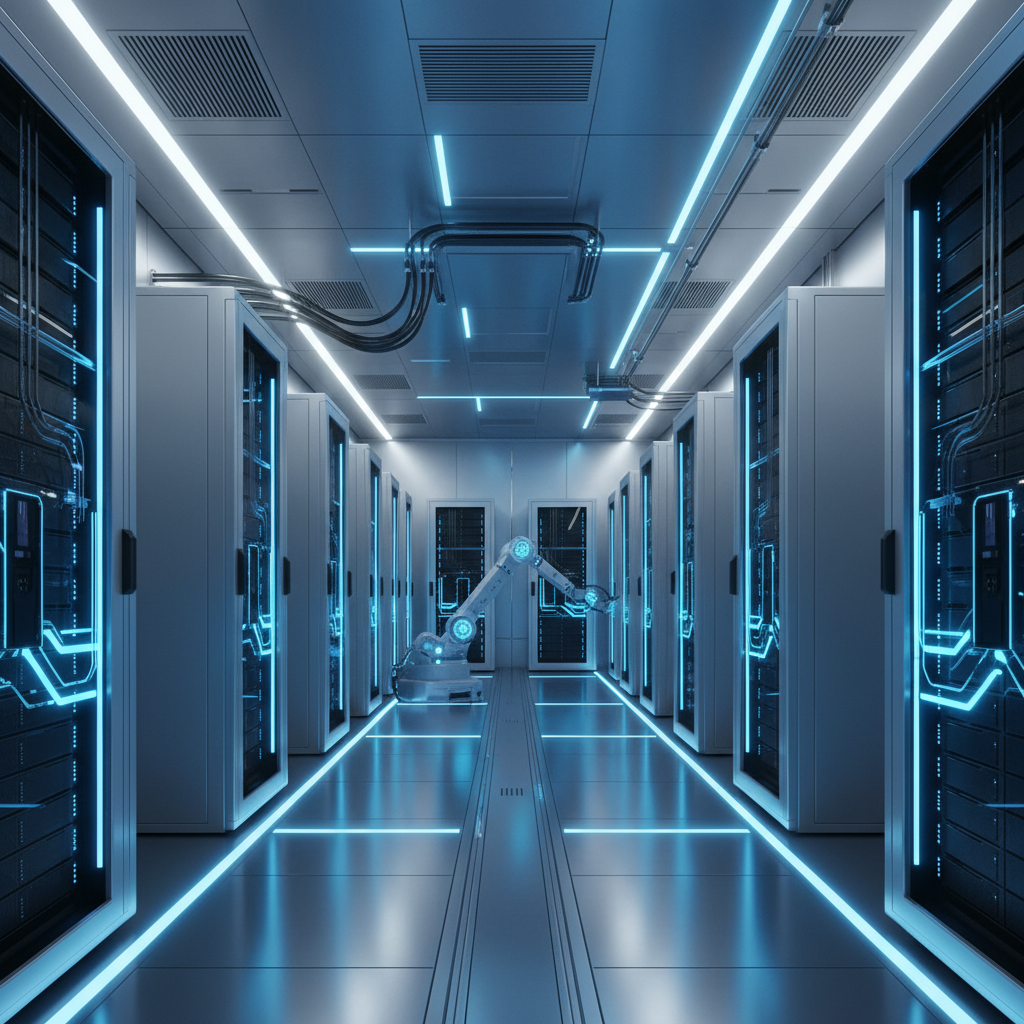 푸른 빛이 감도는 고성능 서버실 내부