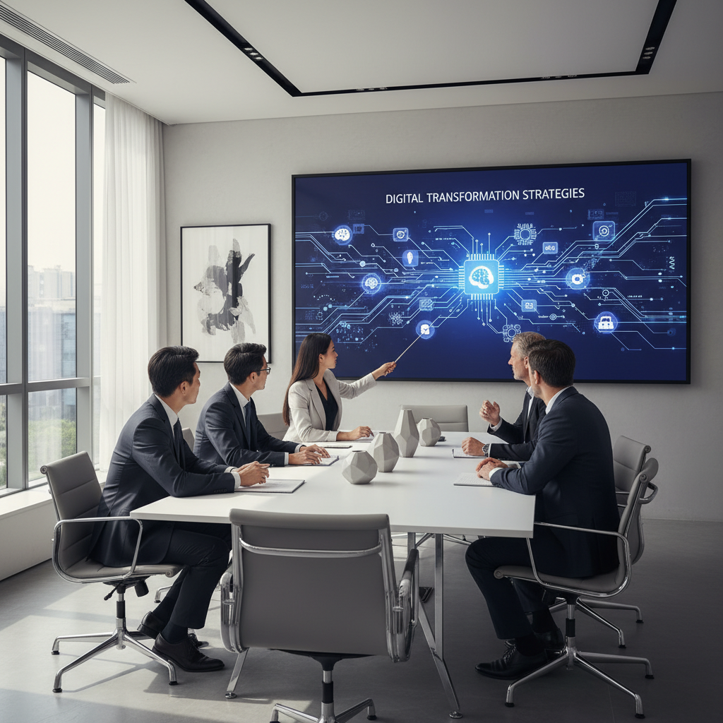 현대적인 회의실에서 기술 트렌드를 논의하는 전문가들