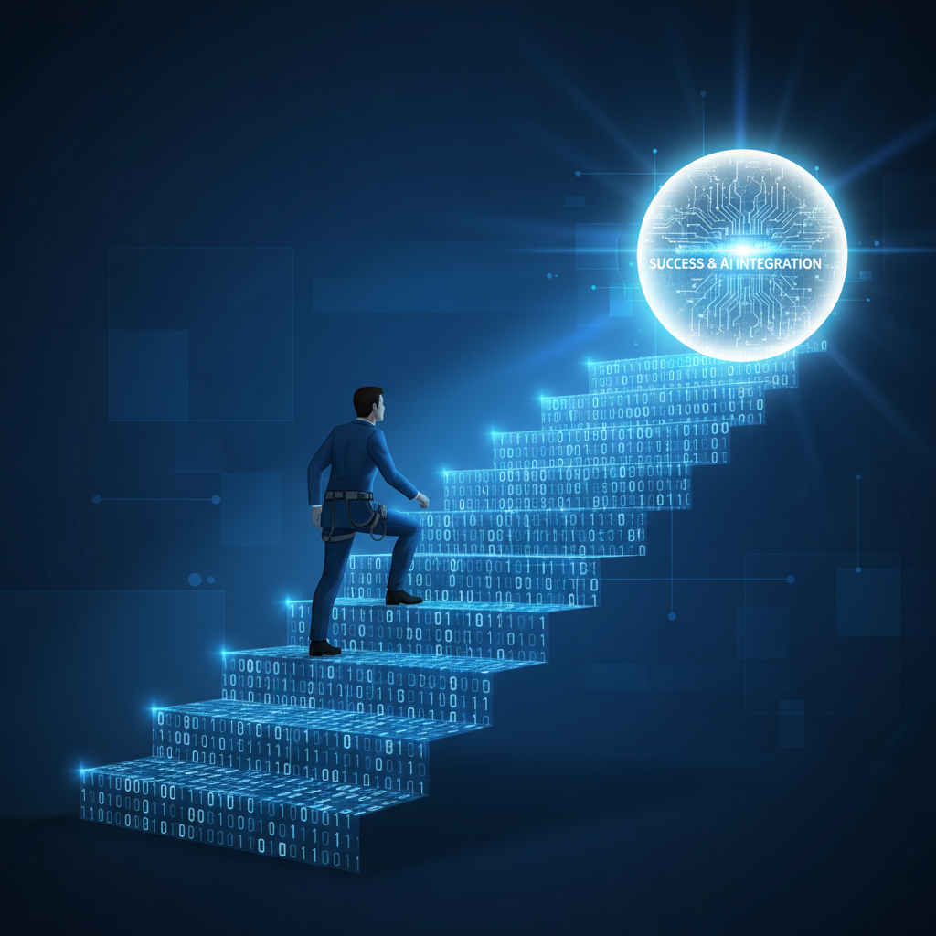 기술적 성장을 통해 커리어의 정점에 도달하는 상징적 이미지