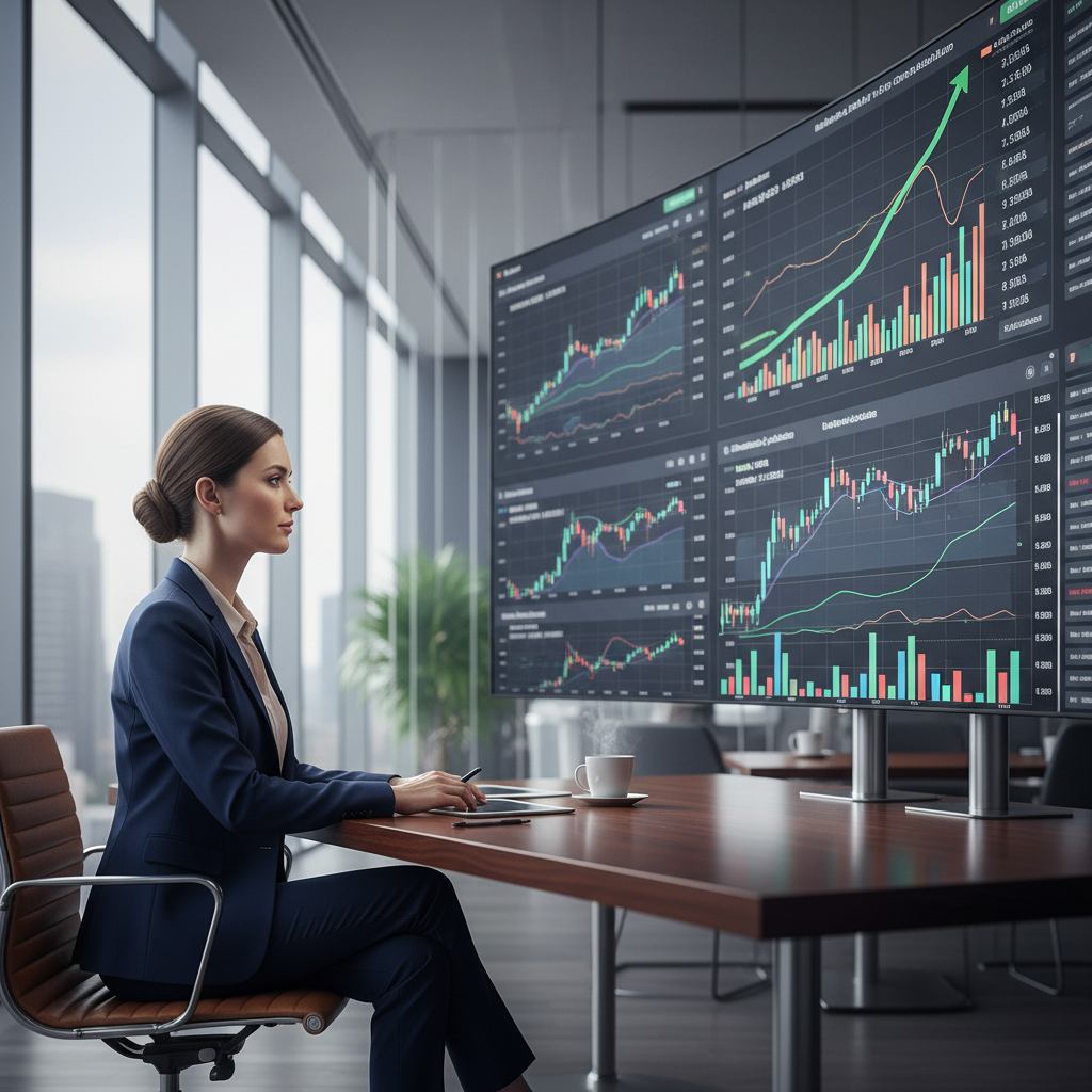 A professional female investor sitting in a modern high-end office, looking at financial charts on a large digital screen showing stock market trends, soft natural lighting, realistic photography style, 4:3