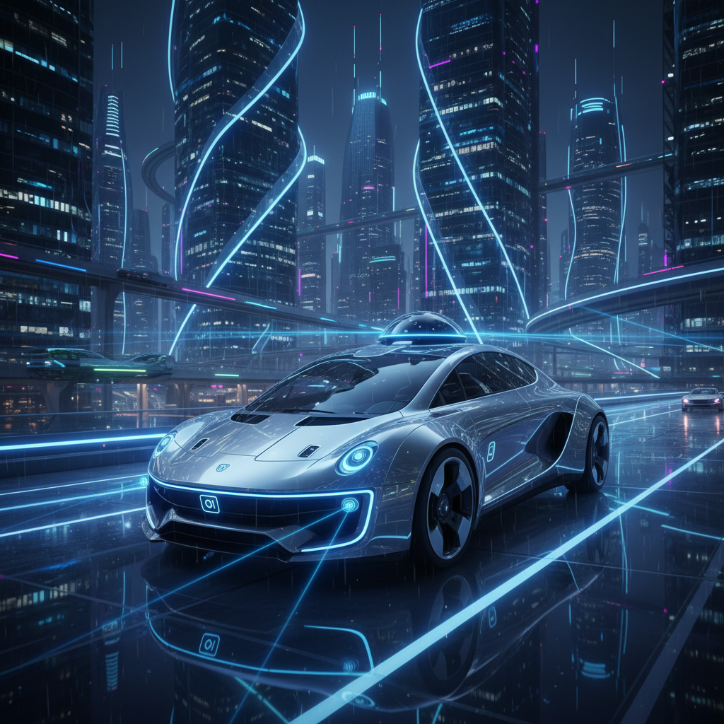 A futuristic autonomous car driving on a high-tech city road at night, visible AI sensors and glowing blue lidar light rays scanning the environment, cinematic lighting, sleek silver vehicle design, no text on image, 4:3