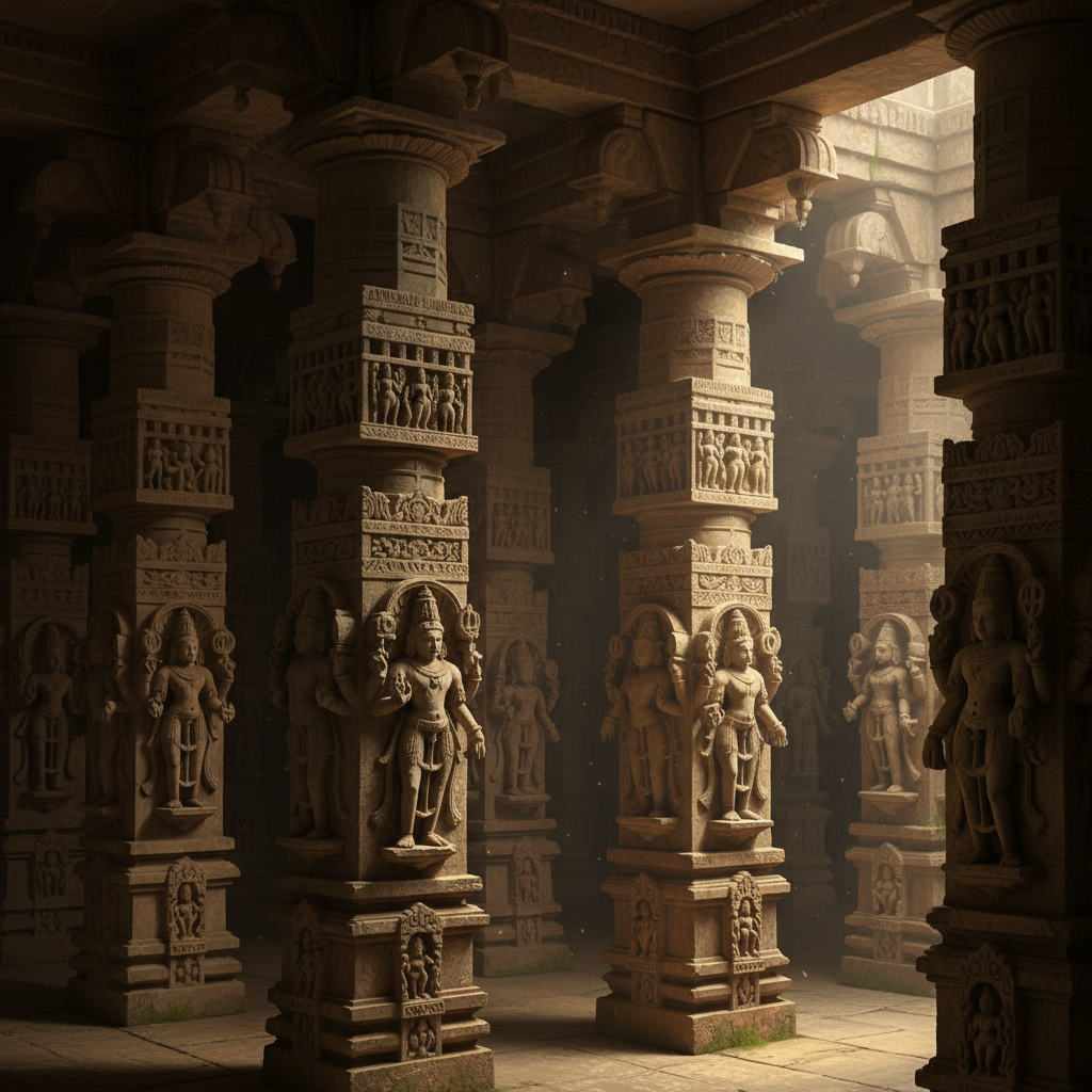 비루팍샤 사원의 정교한 조각 기둥
