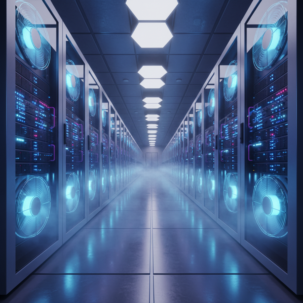 거대한 규모의 데이터 센터 내부와 서버 랙의 모습