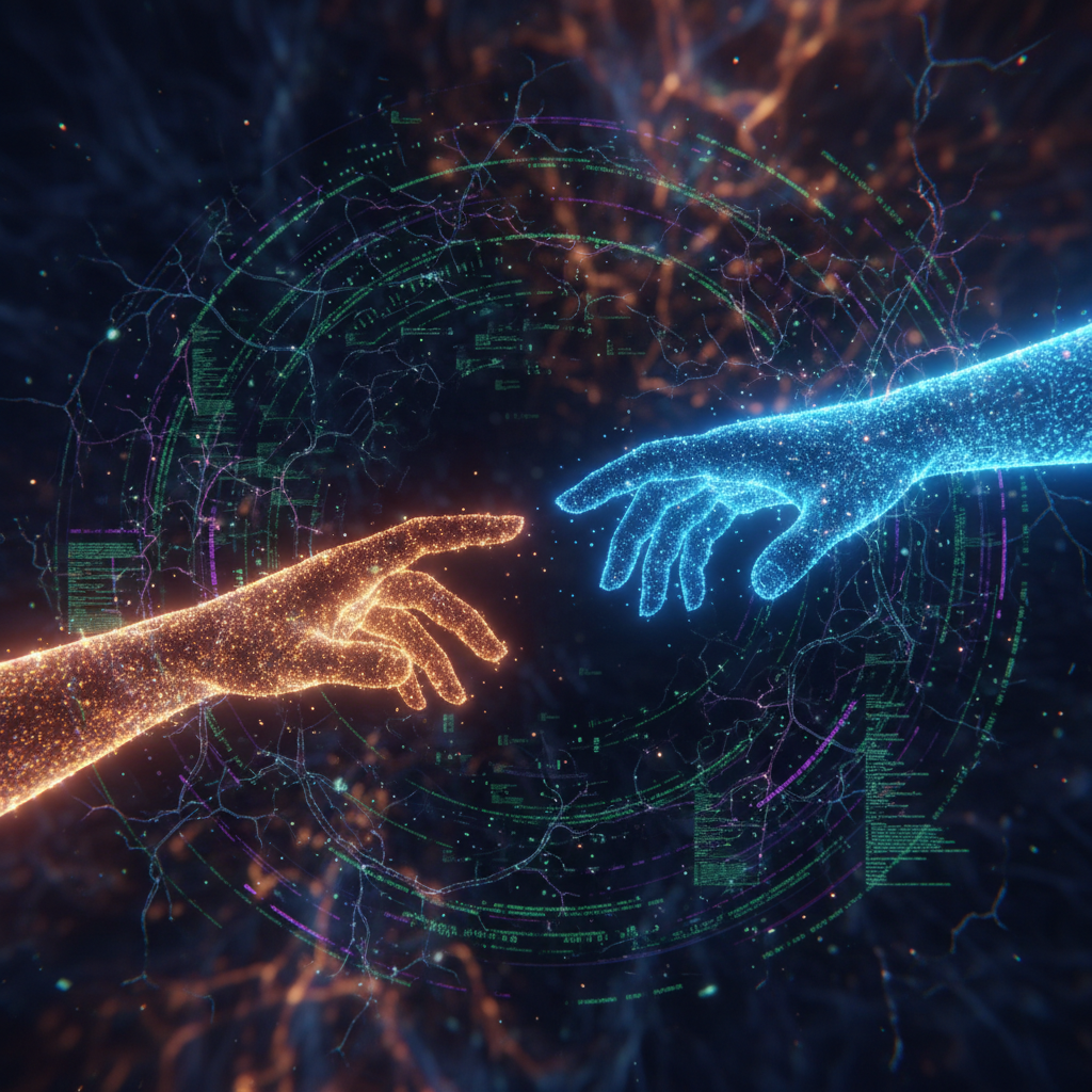 미래 지향적인 기술 협력과 혁신을 상징하는 추상적 이미지