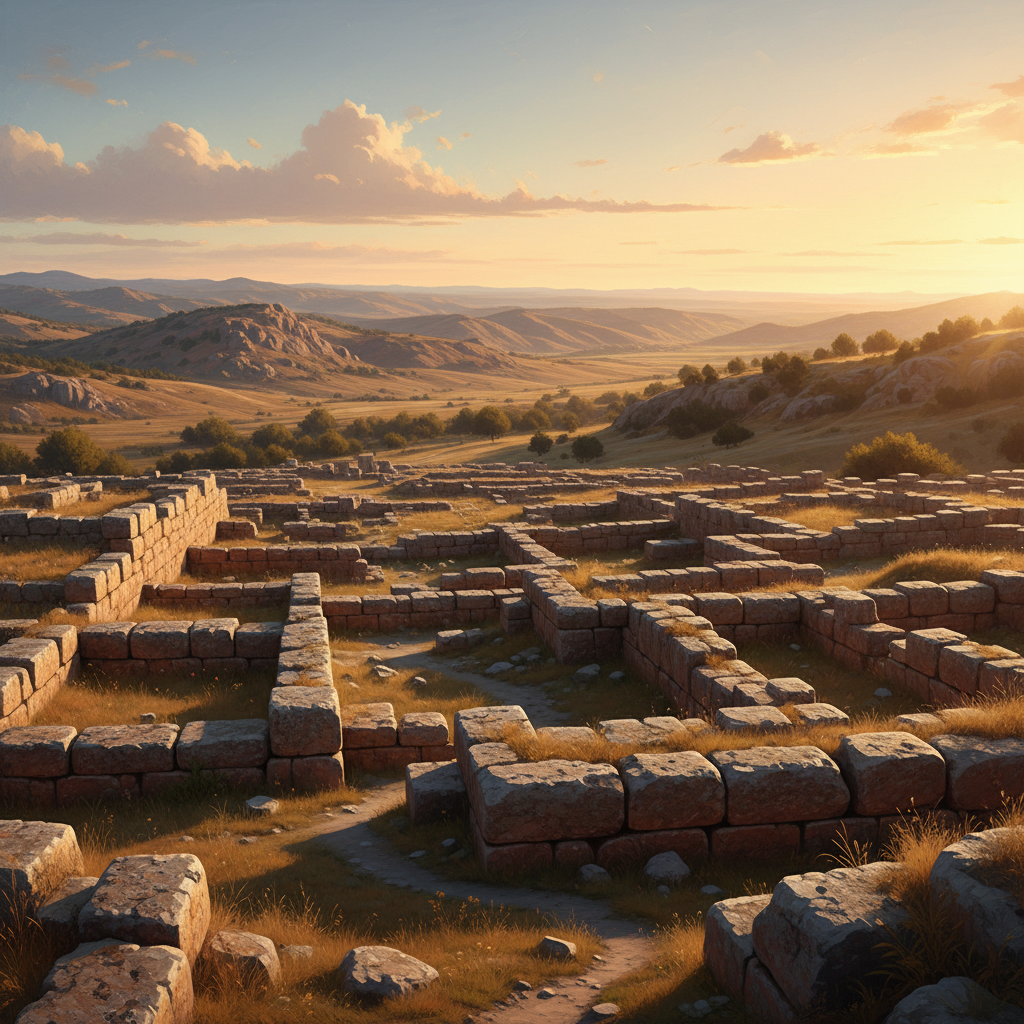 A panoramic view of the ancient ruins of Hattusha, the Hittite capital, featuring massive stone foundations and the rugged Anatolian plateau under a bright sunny sky, artistic rendering with warm golden hour lighting, 4:3