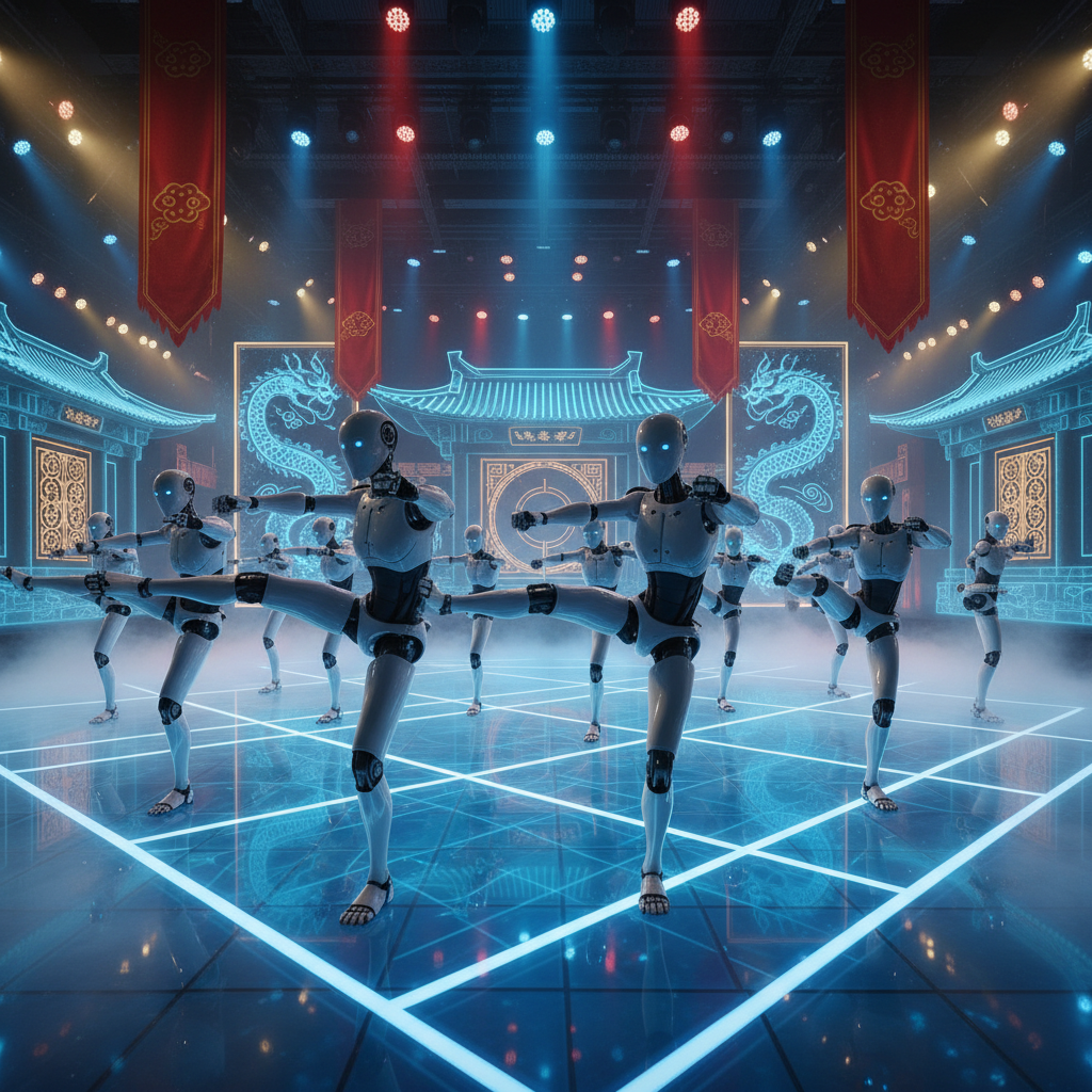 A group of sleek white humanoid robots performing a synchronized martial arts routine on a futuristic stage with traditional Chinese decorative elements in the background, high tech lighting, cinematic atmosphere, 4:3