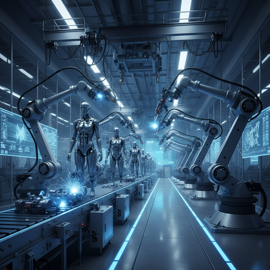 대규모 로봇 제조 공장의 라인